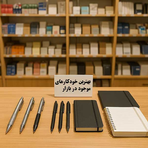 نمایش سه انتخاب برتر لوازم تحریر شامل سه مدل خودکار و سه دفتر یادداشت روی میز چوبی